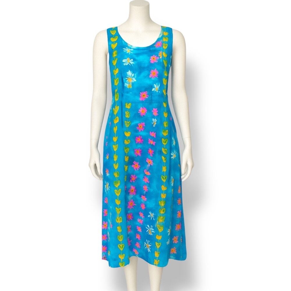 Jams World Bright Turquoise Floral Midi Dress with Pink & Yellow Motifs